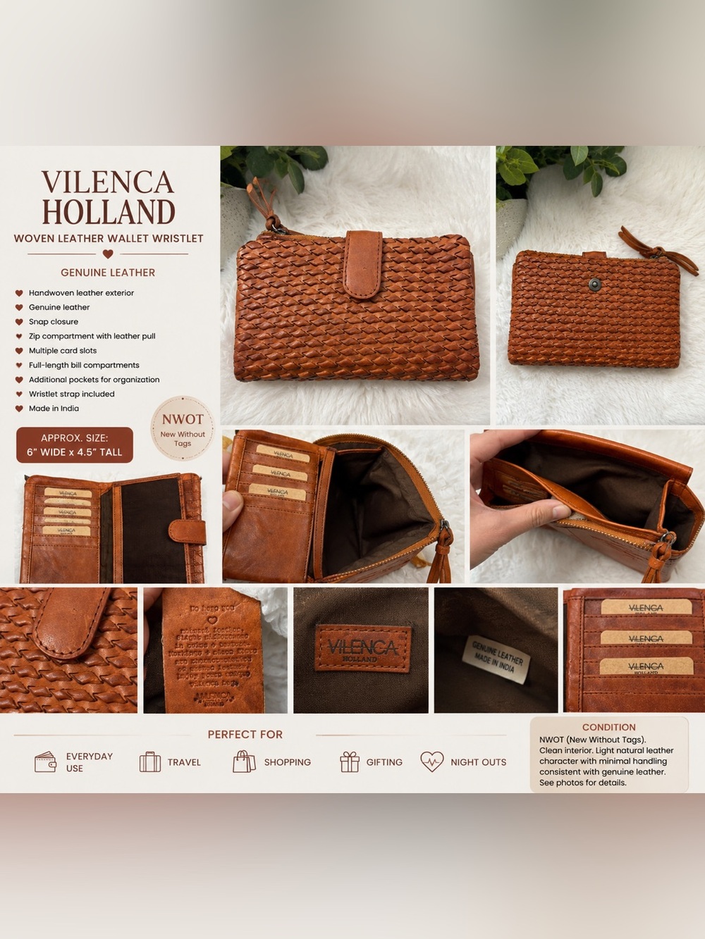 VILENCA Holland Woven Leather Wallet Brown Genuine Leather Organizer NWOT